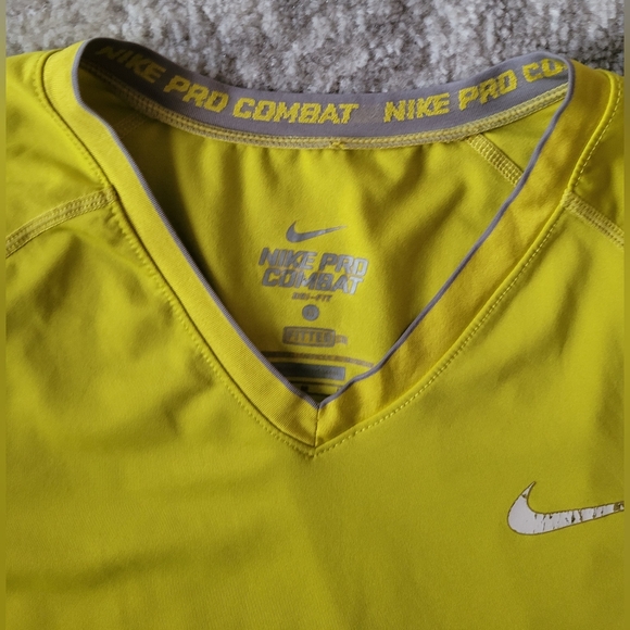 Nike Pro Combat Dri-Fit, VNeck Yellow/Lime Fitted Long Sleeve Top, Size M - Picture 3 of 5